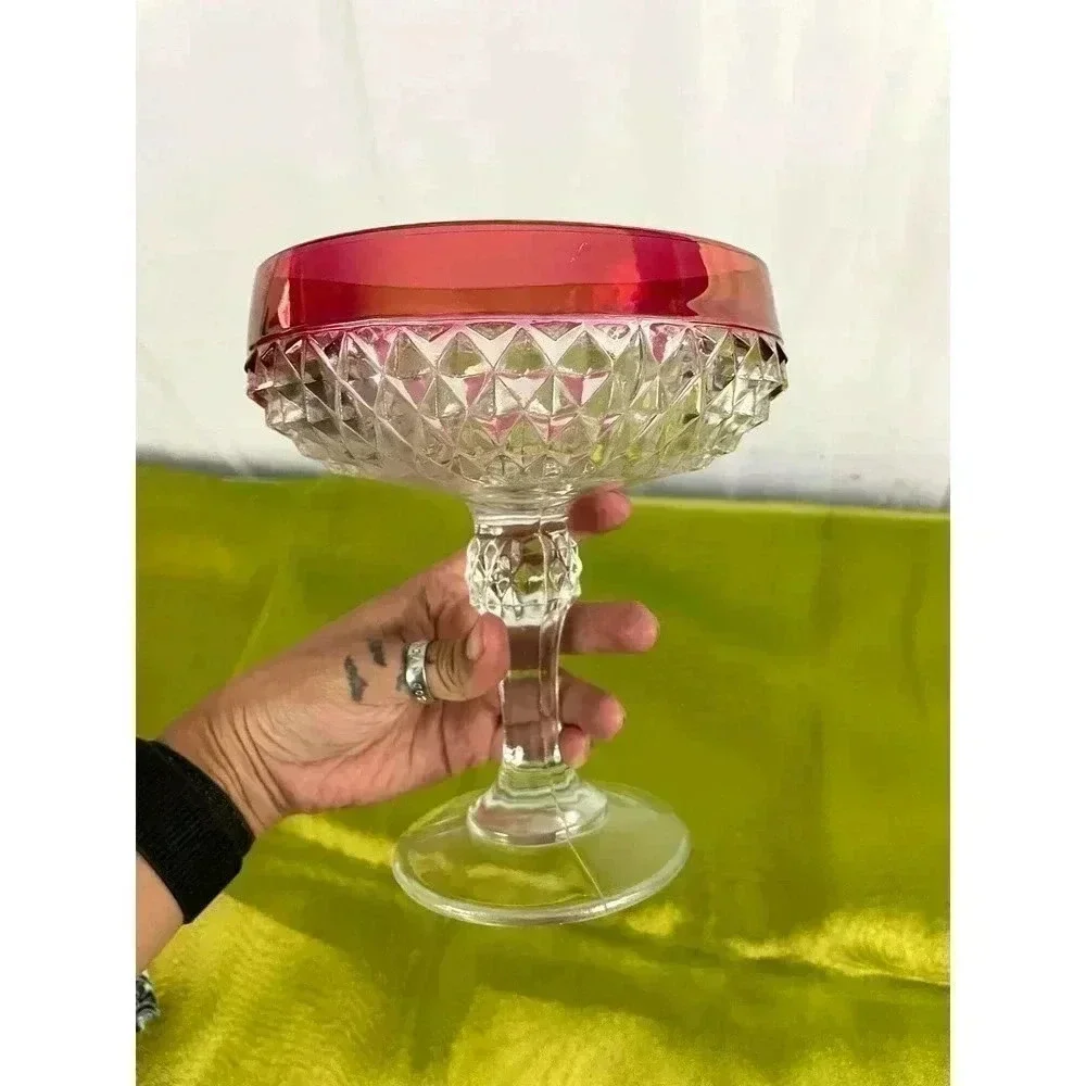 VTG Clear Pressed Indiana Glass Diamond Point Candy‎ Dish Ruby Red 7”